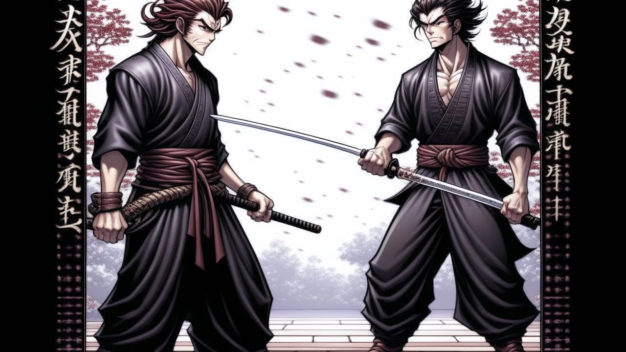 yujiro hanma vs yoriichi tsugukuni, baki vs kimetsu no yaiba, two mans standing in front of each other, a big strong man in black shirt with red hair and evil grin in martial art's stance with bare fists facing a smaller feminine swordsman with long hair and calm face reaching for his sword in traditional japanese clothes both preparing to fight each other