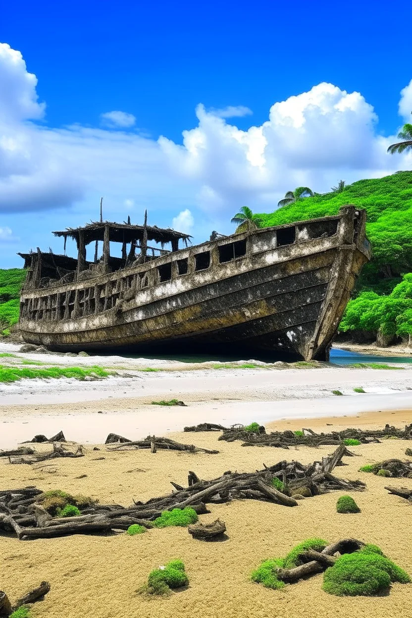 A shipwreck on a beach that has a kuo-toa camp on it