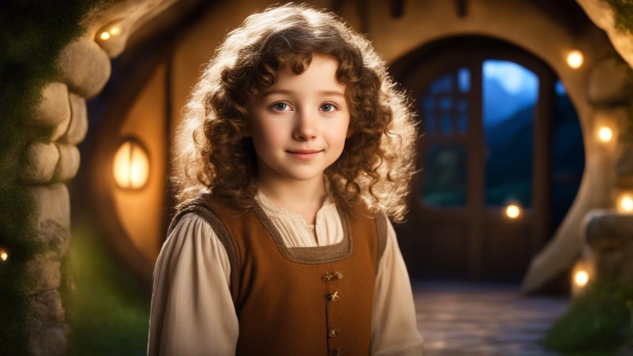 little young hobbit girl, beautiful, confident, calm, wise, happy, innocent, facing camera, head and shoulders, curly hair, hobbit clothing, perfect eyes, LOTR village, hobbit homes with circular windows and round doors, night scene, stars, fireflies, 16k artistic photography, exquisite composition, photorealistic concept art, soft natural volumetric light, chiaroscuro, award-winning photograph, masterpiece, style William-Adolphe Bouguereau