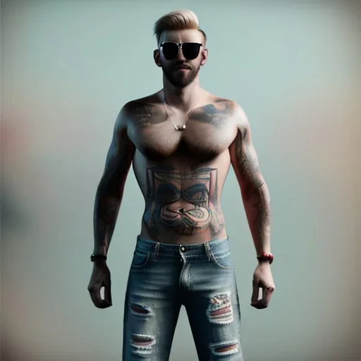 A full body shirtless muscular man with tattoos all over him and lots of chest hair, and ripped jeans. He has sunglasses, a towel draped on his shoulders, and a blonde moustache