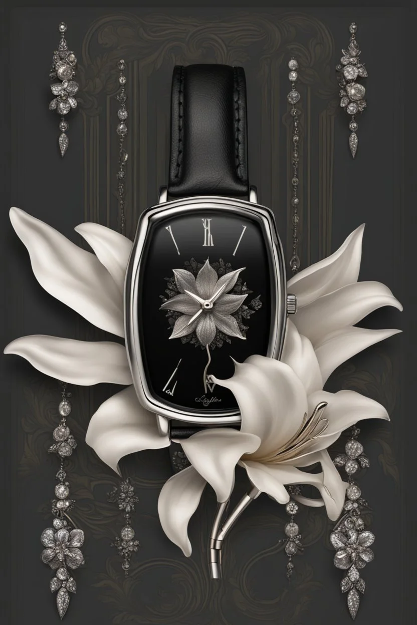 Black wristwatch Embellished with silver With a silver lily flower