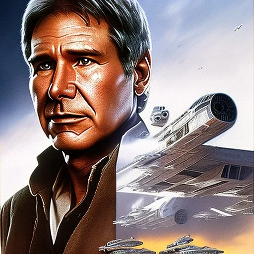 8k hyperspace background,complete and photo realistic detailed head to waist stunning, extrem photo realistic portrait of harrison ford as han solo in star wars with short lenght, Symmetrical, soft, fine, warm, photo realistic hair, brown eyes, professional majestic photo realistic painting by Ed Blinkey, Atey Ghailan, by Jeremy Mann, Greg Manchess, Antonio Moro, trending on ArtStation, Intricate, Sharp focus, rough skin,space outfit