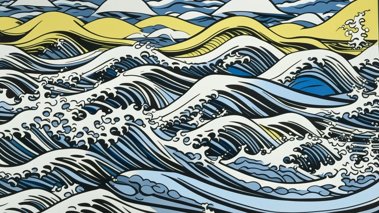 A grayish blue island with raging waves and sharks painted by Roy Lichtenstein
