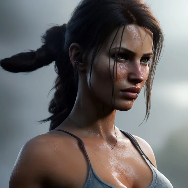 portrait beautiful lara croft,big breast, background fog, volumetric lighting, particals, intricate detail,realistc, close up,