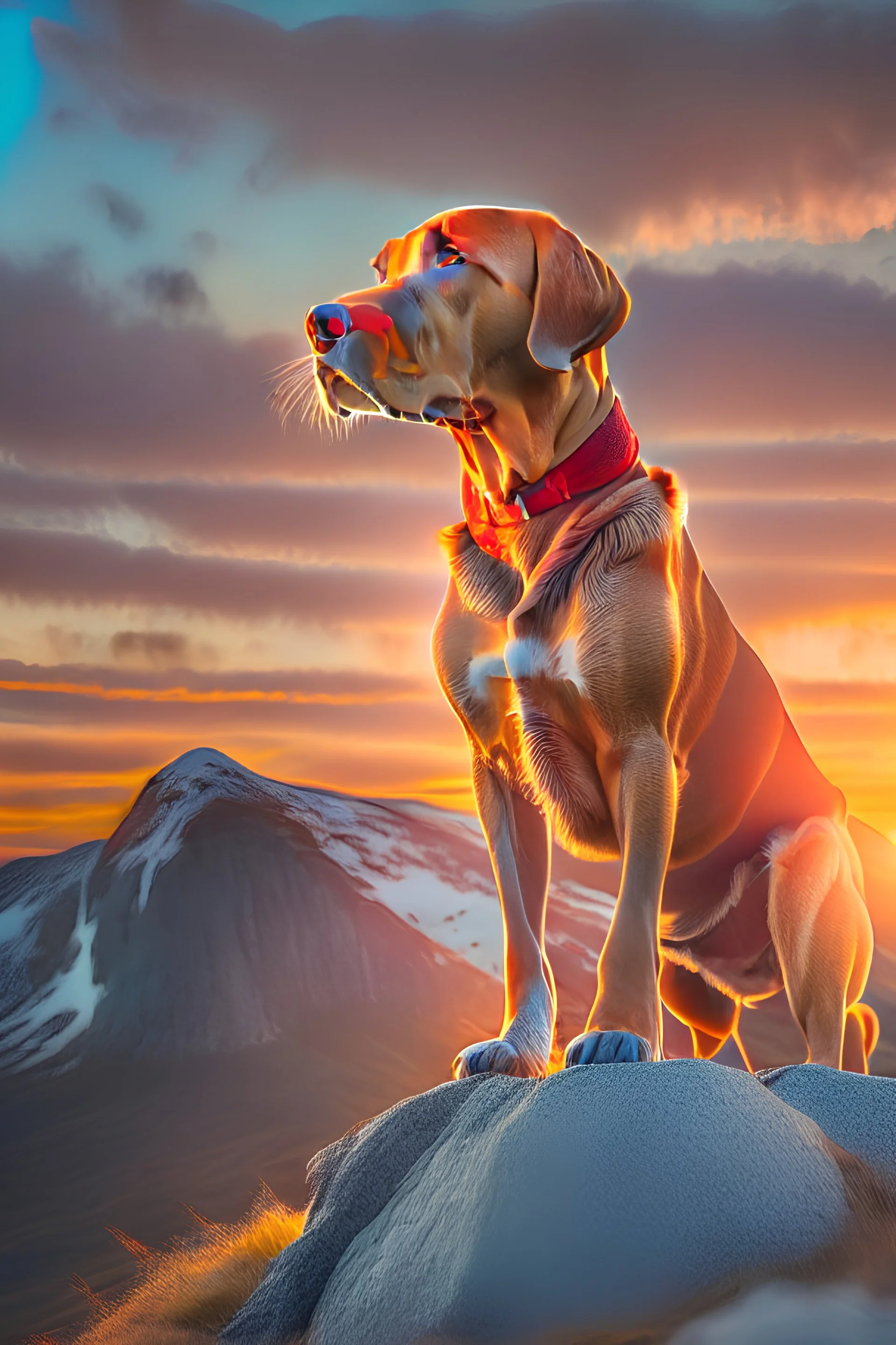 A handsome young red labrador dog standing on top of a mountain with a beautiful sunrise behind him