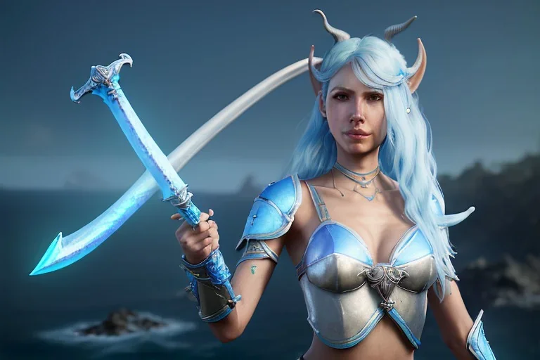 [Sea Elf] [Maormer] Hero Queen with [white hair] and [blue skin] wielding a blue glass greatsword on a ship with crew [fantasy] [realism] [Elder scrolls]