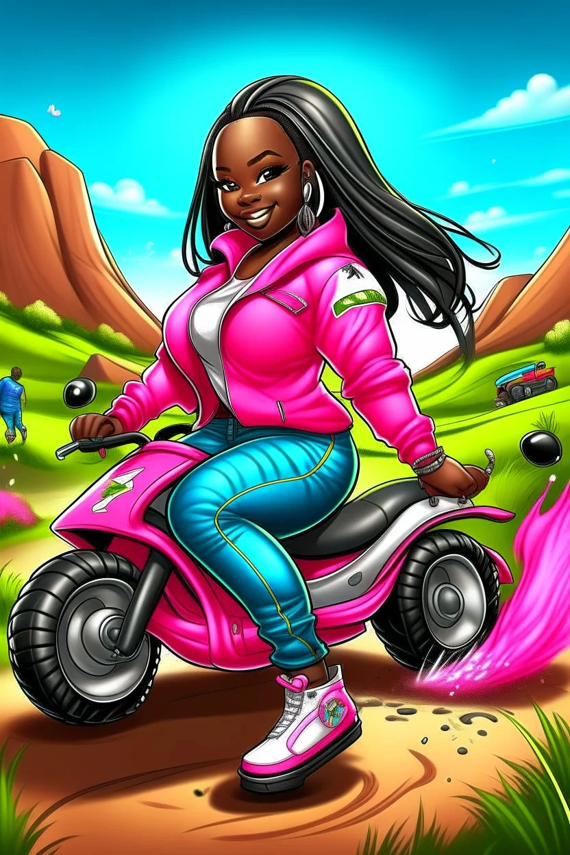 Create a digital airbrush cartoon of a curvy African American female wearing tight white jeans and a off the shoulder hot pink blouse. She is also wearing timberland boots. Prominent make up with hazel eyes. Highly detailed very long extremely braids of black hair. Her skin is smooth and silky. Background of a track of ATV riders.