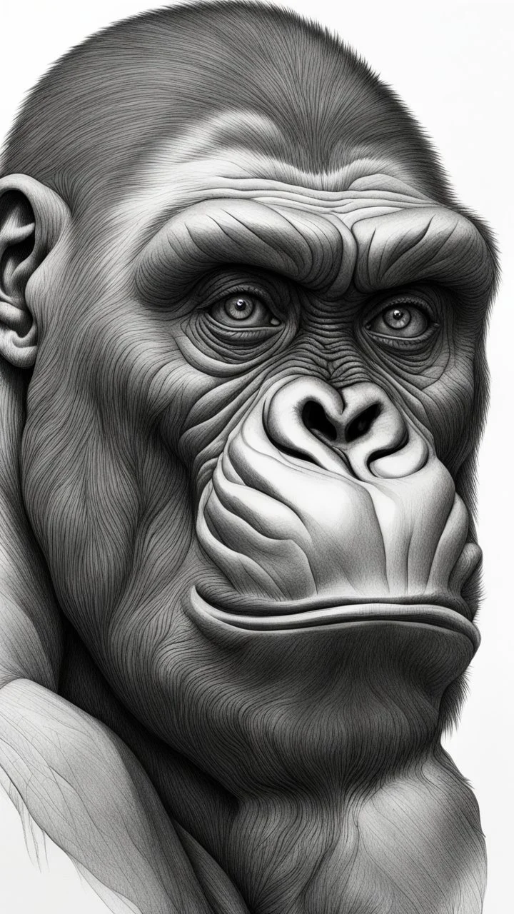 ππ§π€π’π₯π© highly detailed graphite illustration, A gorilla face with exaggerated anatomical features, heavily wrinkled skin, and an intense, contemplative expression. bald head, thick eyebrows, long beard merge into swirling abstract shapes. Large, expressive hands, one covering the mouth and the other gripping the forehead tensely. Mysterious, introspective, dreamlike, somewhat dark fantasy. #ππ§πart #prompt