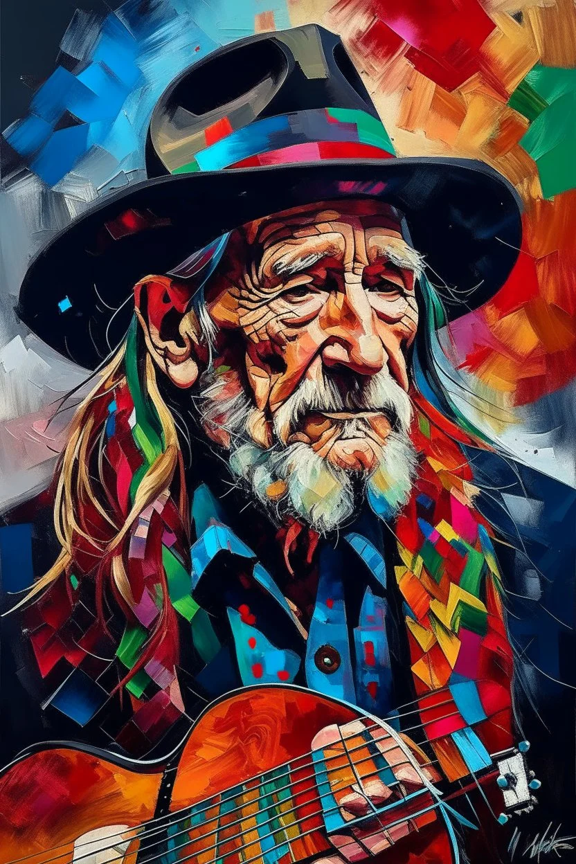 captivating conceptual painting of the iconic rock star, Willie Nelson, rendered in a vibrant and abstract art style. The background is a swirling, chaotic mix of artistic strokes that evoke a sense of rebellion and energy. The overall composition is a celebration of creativity, movement, and the essence of rock 'n' roll., vibrant, painting, conceptual art