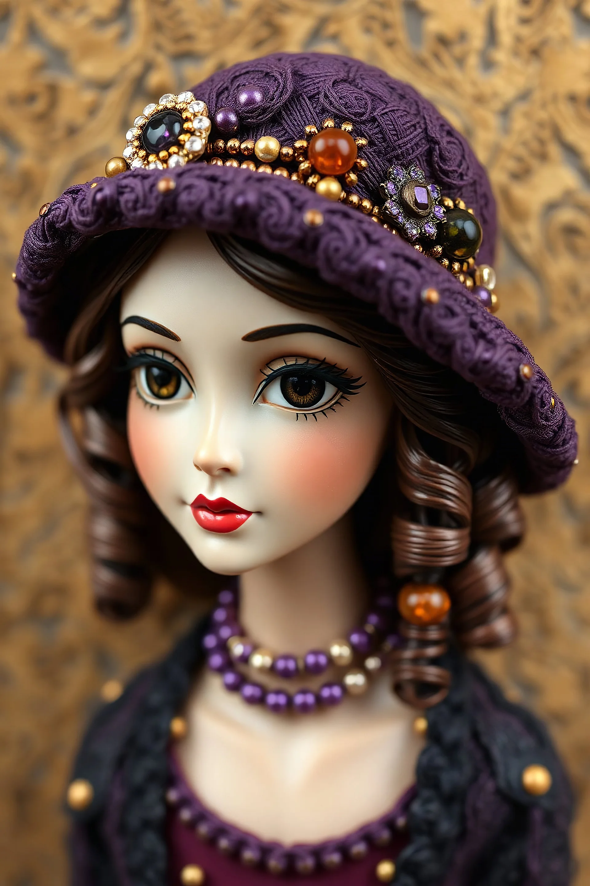 relief, plasticine, beads, rhinestone, amber, porcelain beauty, chic hat, slanted, almond-shaped olive eyes, beautiful girl, exquisite hat, naive art, primitivism, curls, purple, purple, gold, burgundy, black