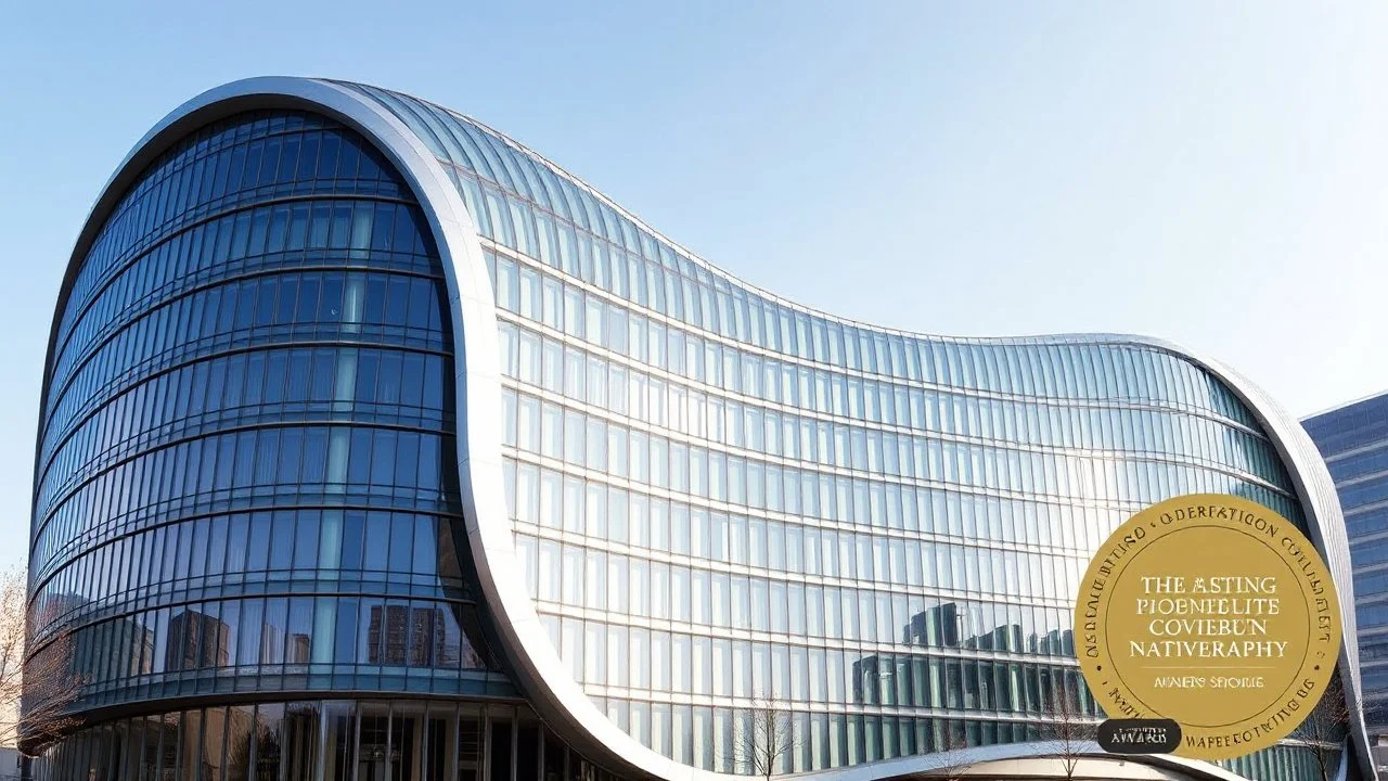 A stunning office building shaped like a sinusoidal wave, with the undulating curve running along its length. The façade is made from alternating bands of reflective glass and matte metal, giving it a dynamic, flowing appearance that changes depending on the angle of the sunlight. The curving waves wrap around the structure, creating a rhythm that mimics the rise and fall of mathematical waves. Award-winning photograph.