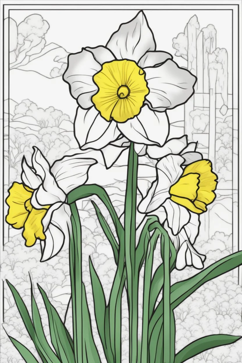 flowers coloring page for kids, daffodil, cartoon style, thick outline, low details, no shading, no color