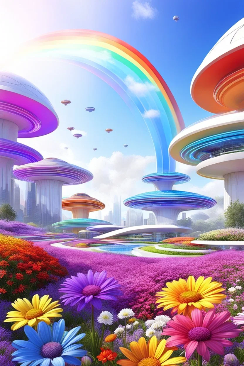 colors, very beautiful, ,flowers garden,rainbow, cité futuriste ultra moderne, ufos