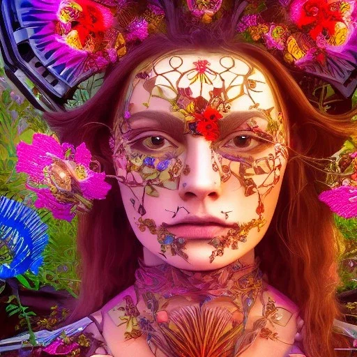 android, flowers, fractal paint, robot, wildflower, character portrait, intricate, insanely detailed, 4k resolution, cinematic smooth, intricate detail, bright colors