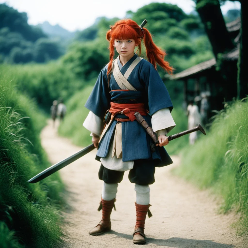 (high res photo by Akira Kurosawa) Grown up red hair Pippi Longstocking is a samurai standing across the path, waiting for a duel, facing the camera