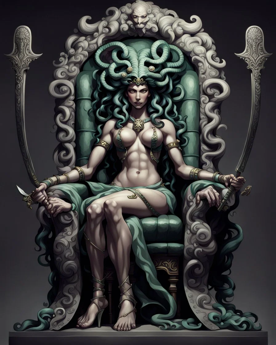 full-length, detailed persona, sword in hand, gorgon medusa, sitting on a throne in a relaxed pose