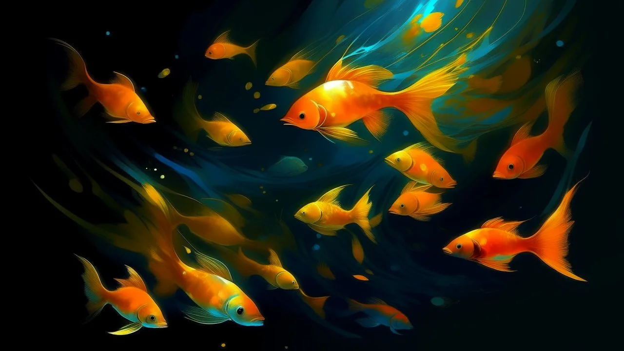 digital painting, A shoal of bioluminescent, glowing fish with long, trailing fins swimming gracefully through the air as if in a weightless, zero-gravity environment, gold glow bright orange color palette, bold and slim lines, brush strokes