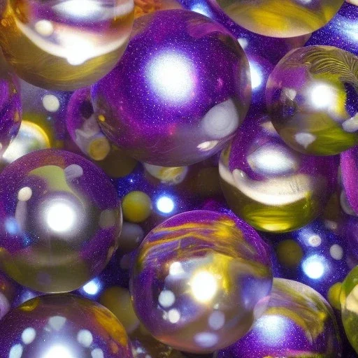 hundreds of various clear glass marbles shiny golden galactic ambience galaxies shiny high detail high def 8k high reflections