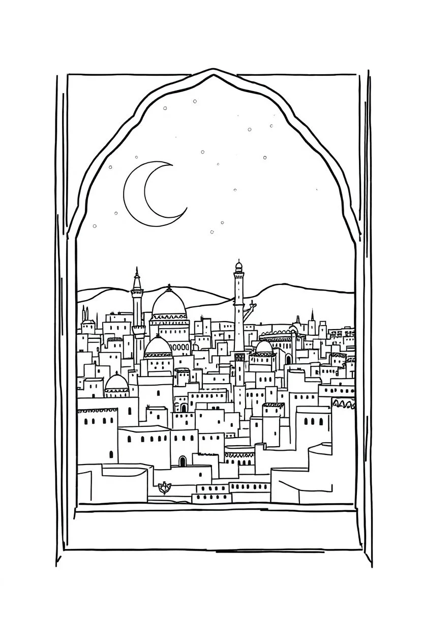 Fenster Ausblick auf persische Stadt aus 1001 Nacht gerade Perspektive thin lines draw style