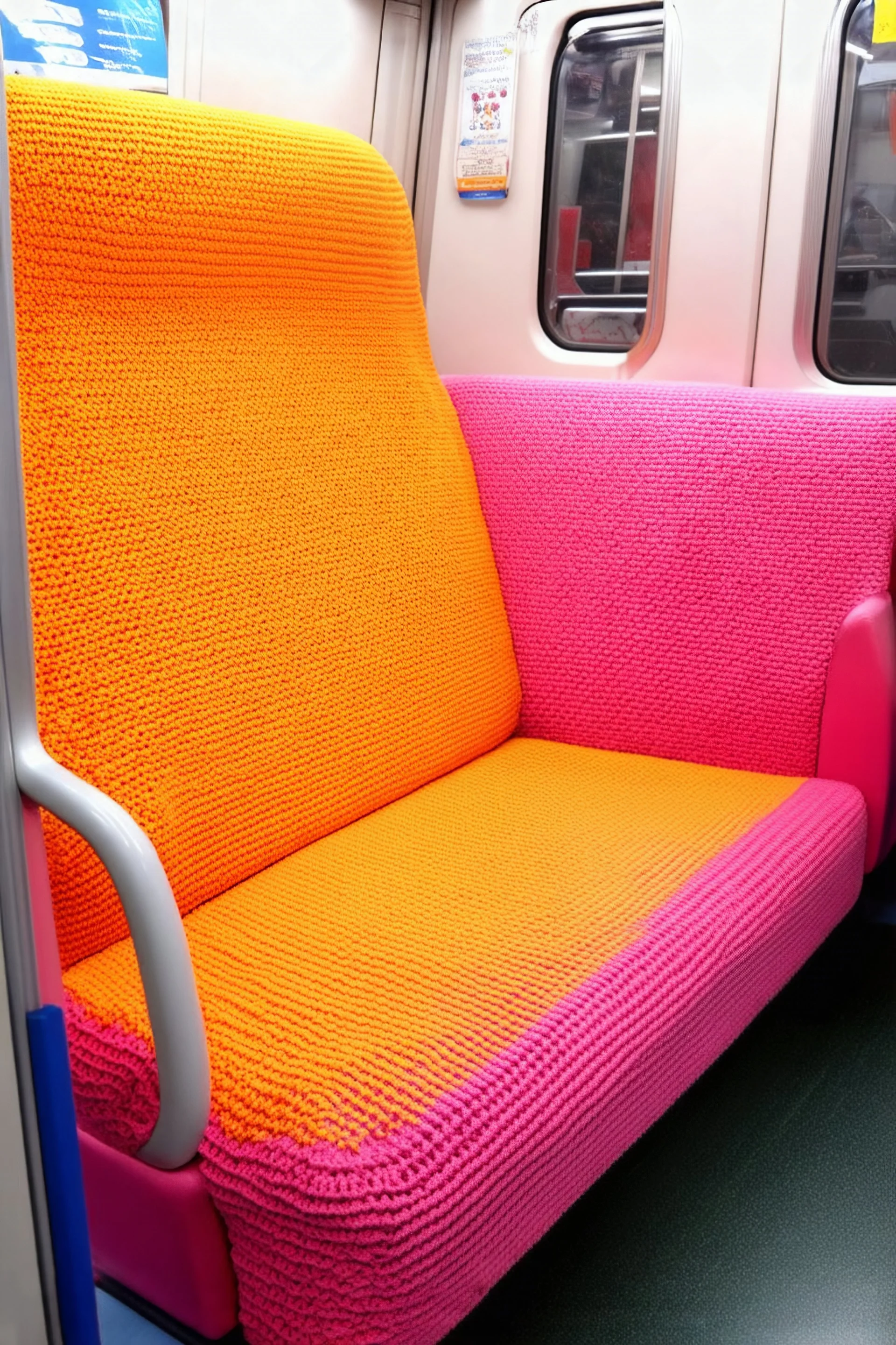 Métro with cosy seats, orange, pink, hippie, crochet