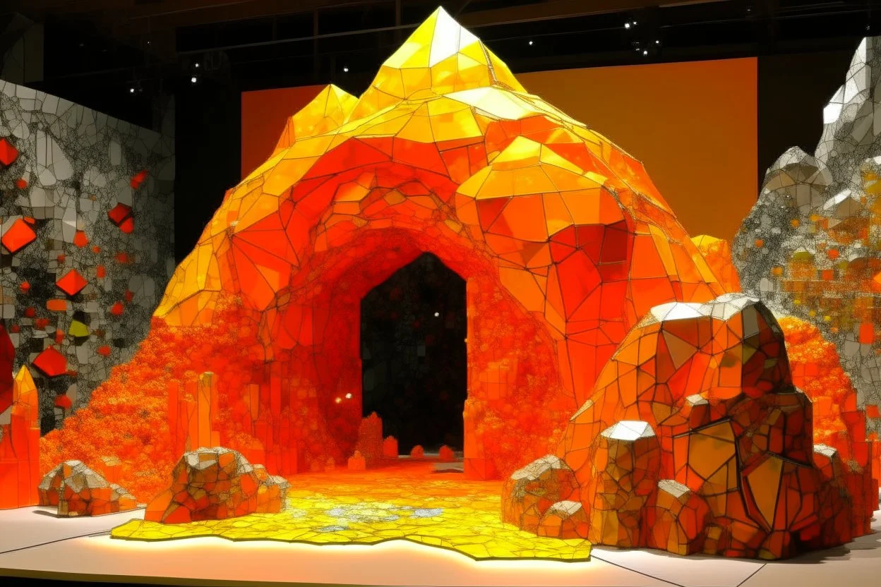 An orange colored underground mine with crystals and lava designed in Chinese paper art painted by Piet Mondrian