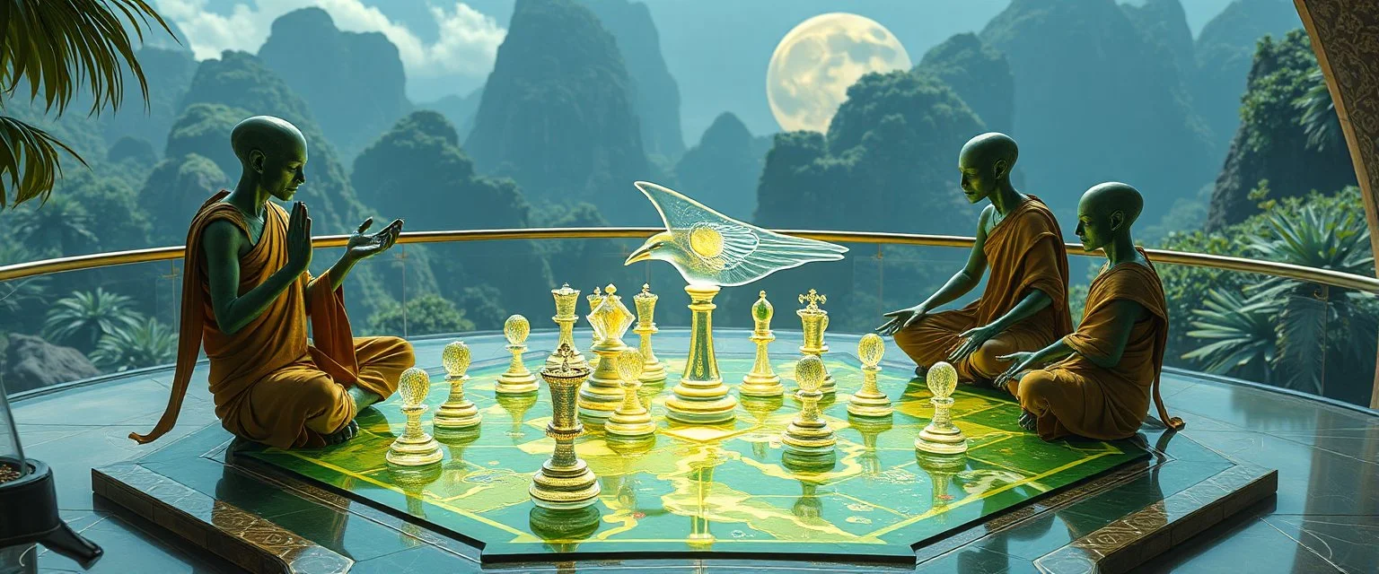 alien levitating yoga monk chess masters playing serious glowing chess on hex map in lounge on beautiful lush planet with huge transparent bird glass alien chess pieces of ships in fountain, also a endless twisted god piece