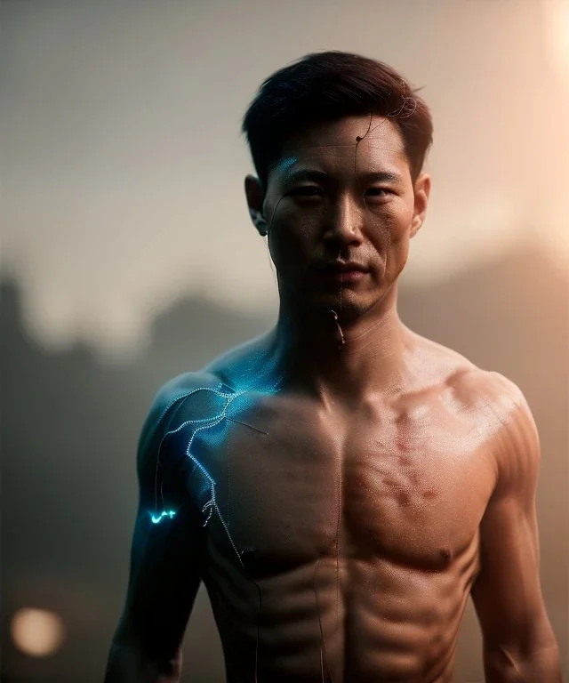 Ultra realistic photographic night portrait, cinematic, naked, young, Asian, all shaved <strong man> <hanging wires> many wires connected to the head <perfect pupil> <cyborg> <garage> <long shot view> <sci-fi futuristic> <thriller>, fog, soft color, highly detailed, unreal engine 5, ray tracing, RTX, lumen lighting, ultra detail, volumetric lighting, high definition.