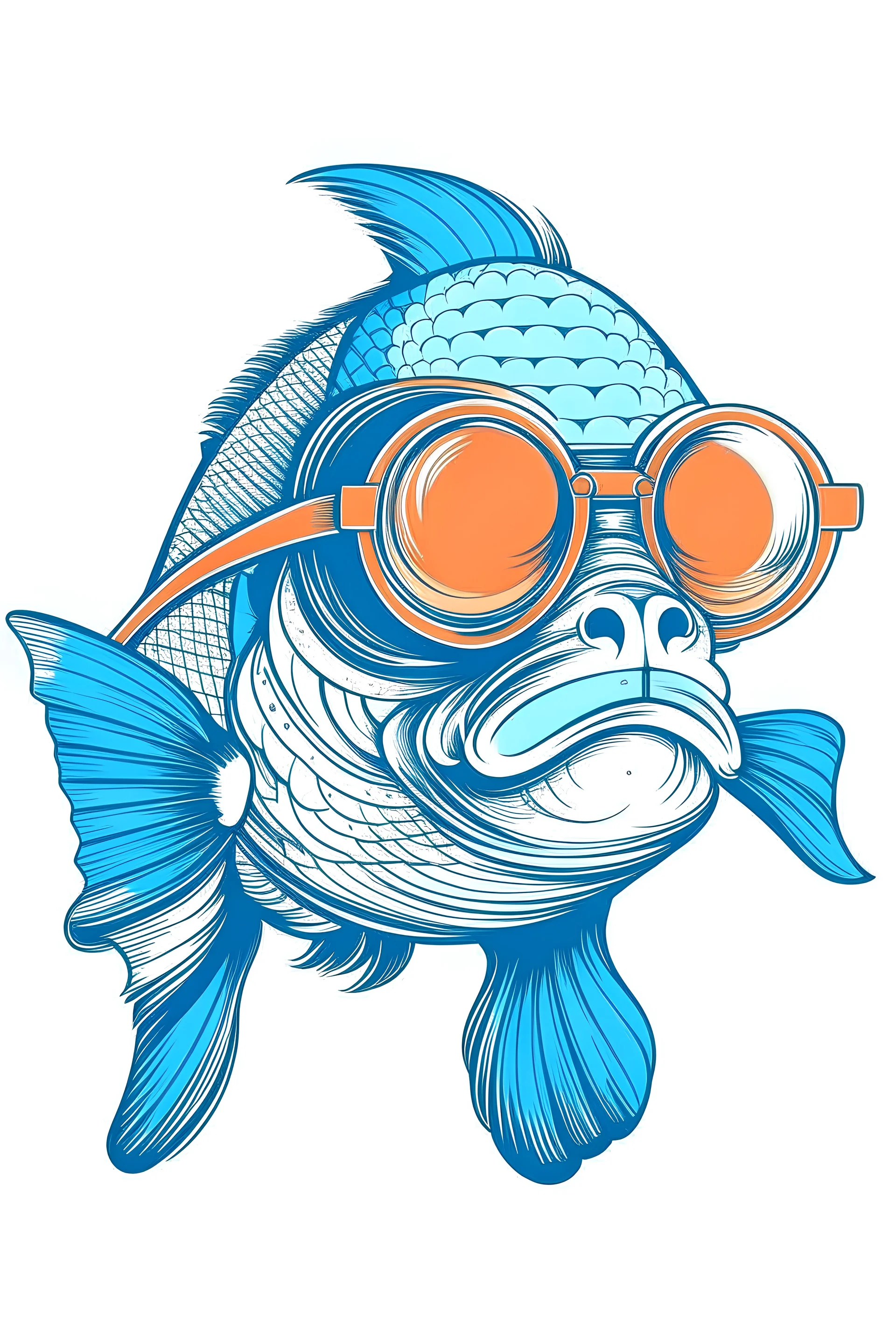 FISH wearing sunglasses, Style: Retro 80s, Mood: Groovy, T-shirt design graphic, vector, contour, white background.