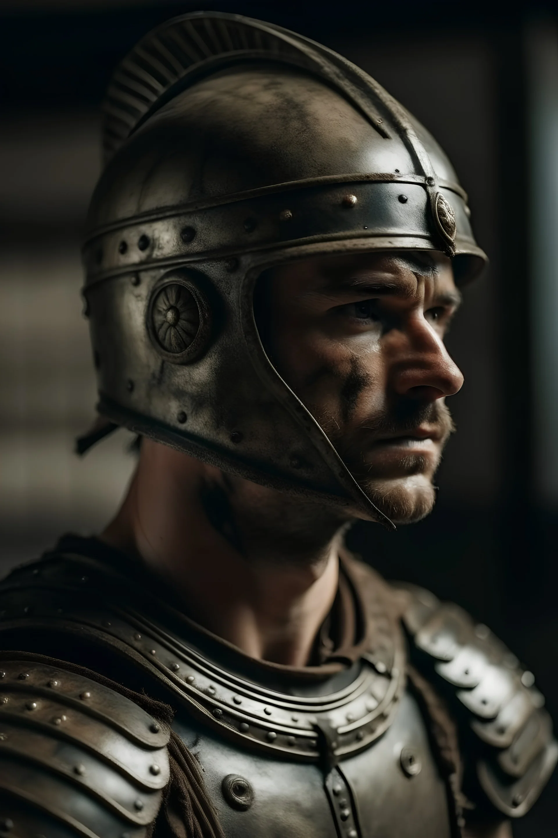 A portrait of a gladiator in the modern world wearing the gladiator helmet and suit