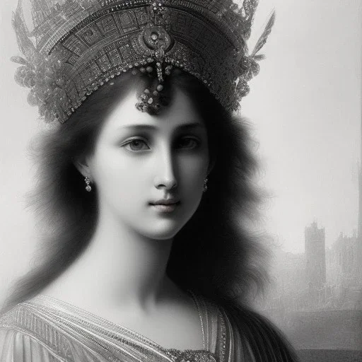 stunningly beautiful young woman , Gustave Doré black and white illustration, perfect eyes, beautiful face