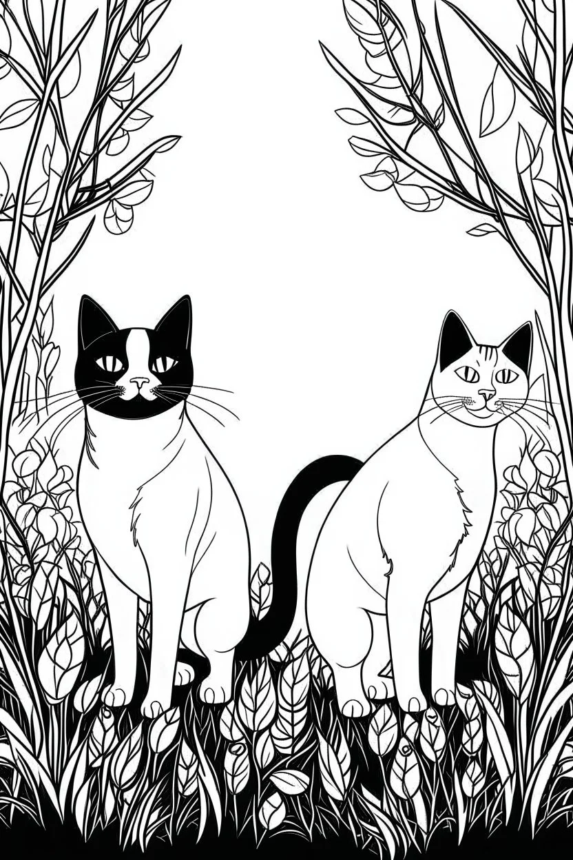 Outline art, cats standing in the bush, full body, cartoon style, black and white, low detail, no shading, --ar 9:11