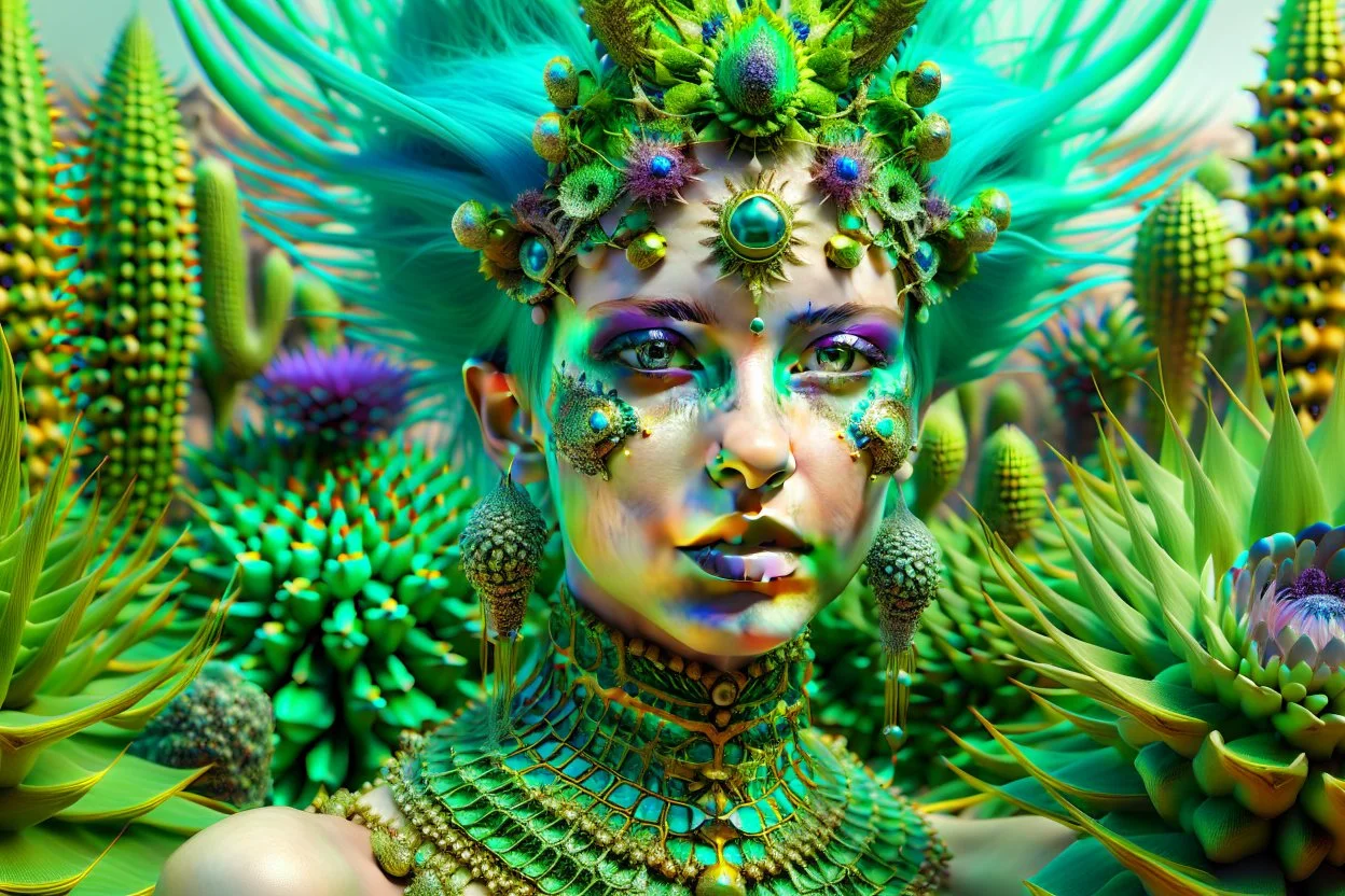 hypercomplex cactus sylph, symmetrical face, detailed face features, sharp eyes, soft skin, by Daniel Merriam, by Albrecht Altdorfer, surreal, abstract Modifiers: fantasy intricate very attractive beautiful Unreal Engine hdr cinematic postprocessing pencil sketch black ink Craig Rutkowski