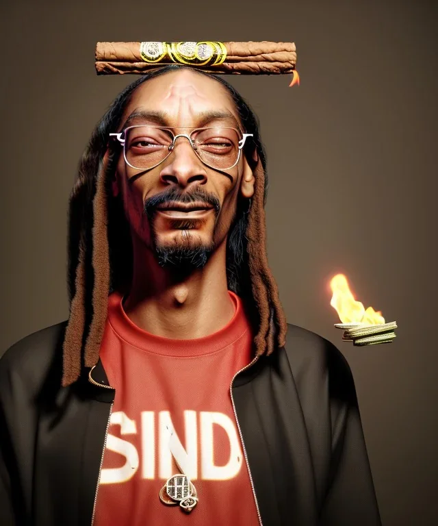 Snoop Dogg, burning cigar with dollars, jungle, hyper realistic