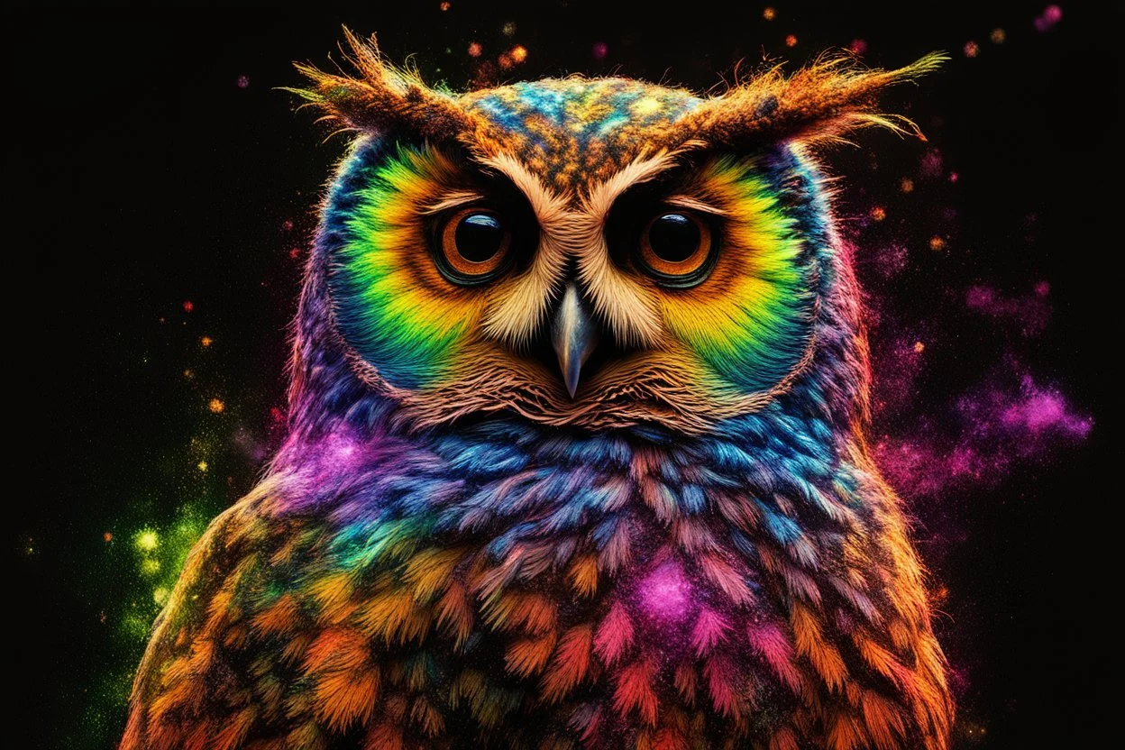 flowergarden, bodyscape double exposure owl portrait of a colorful intricated flowergarden, forest and colorful stars of sparks on the front of an insanely beautiful fluffy owl body with colorful fur of fluorescent light emitting fiber optics, standing in a dark place, playing with the fur, fluorescent pigment body painting style by John Poppleton and Bob Ross, diffused lighting, double exposure, blend, illusion, octane render, digital painting, extremely detailed, Award winning photography, 8k,