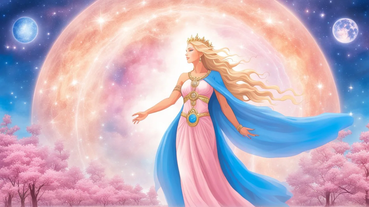 Create an image of a full body cosmic goddess. the goddess should be depicted as a beautiful and powerful figure, surrounded by cosmic stars. her hair should be long, blond and flowing, and she should be dressed in a flowing gown blue celestial robe. in the background, include imagery of pink flowers, blue sky, trees. the image should evoke a sense of joy, celebration, and spiritual connection to nature.