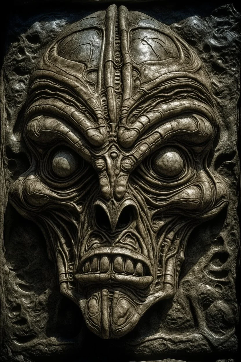 sculpture of dark side of a alien face . Multiple faces . decayed and rotting with grotesque proportions and imagery. abstract grotesqueries, detailed texture, surreal horror, biomechanical design, by hr giger and beksinski