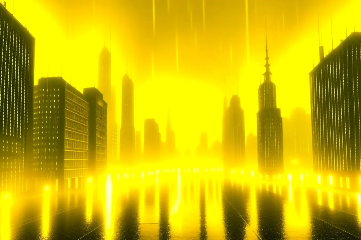 A city in the future is in the night and it's raining and it's foggy and it's bright yellow.