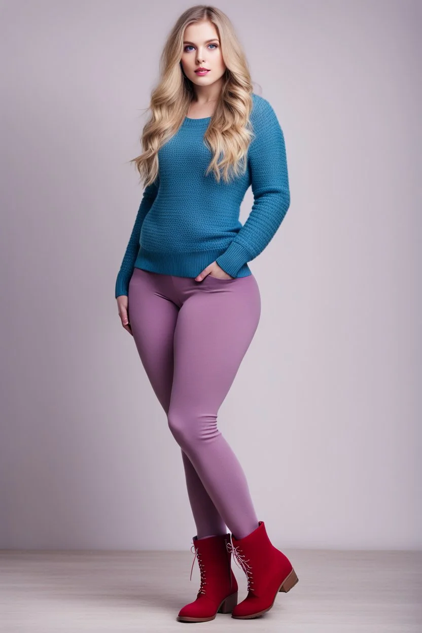 beautiful 18 year old girl with ash blonde hair and blue eyes with her curvy hair down, wearing a long-sleeved woollen top, and lilac long leggings, with long red boots full body shot