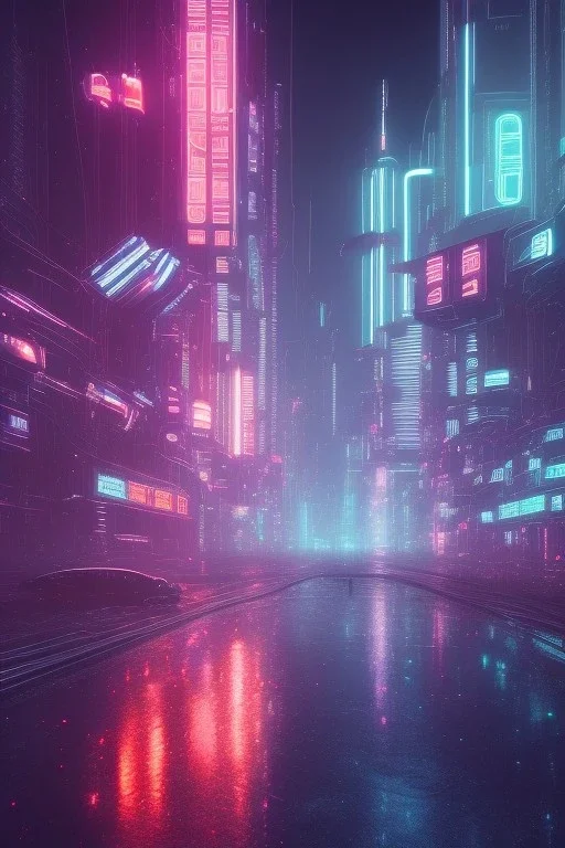 3D, beautiful, light reflecting, empty future city at night, rainy night, neon, cyberpunk, tron, one cyborg walking, 8k, finely detailed, photo realistic