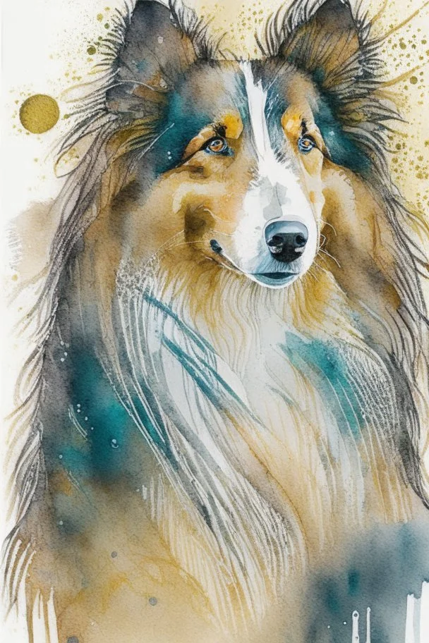 Abstract wet watercolour of a rough collie, ink lines, interlinked circles, detailed,focus on eyes, watercolour paper neg . Closed eyes