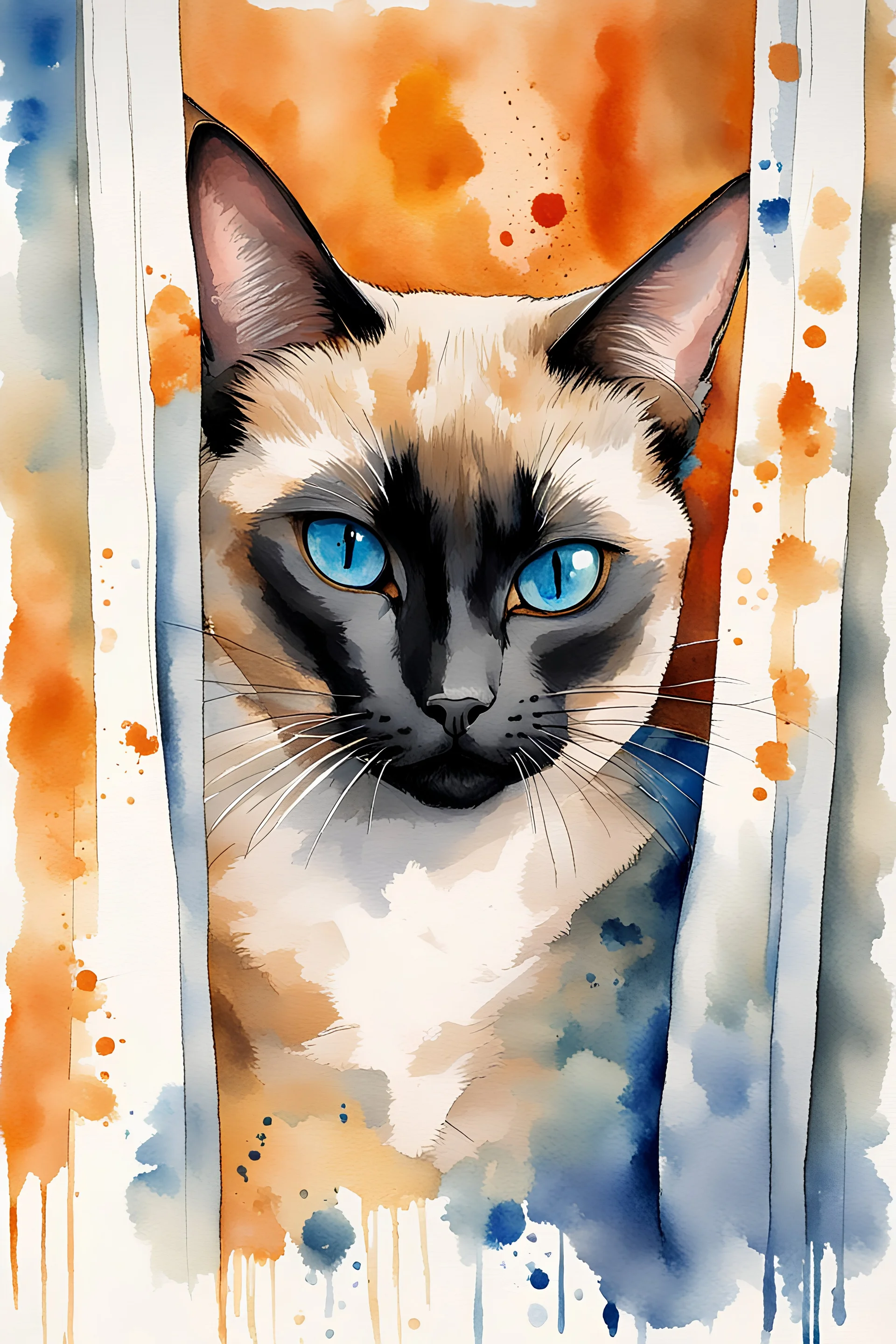 painting of a siamese cat with a black snout and blue eyes lying on the ground, peeking out from behind some curtains, the cat is underneath the curtains, the cat is in the centre of the picture taking up only one third of the image, in watercolour, in the background an orange wall, splatter, art, aquarell, pastell, ink, soft, lots of white negative space around the outside of the picture, white outlines, full shot