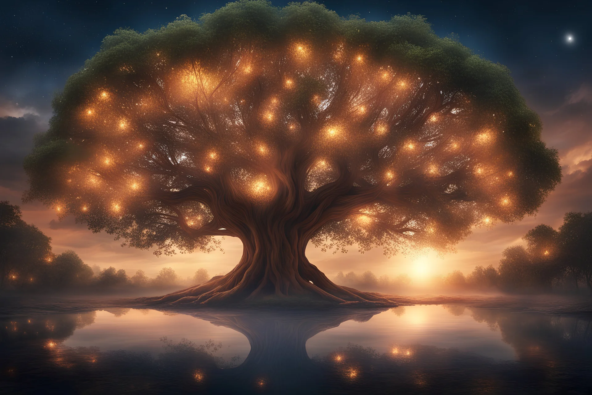 The tree of Heavens, huge tree floating heaven, warm and cozy, people living, firelights, beautiful, Serene, Warm place