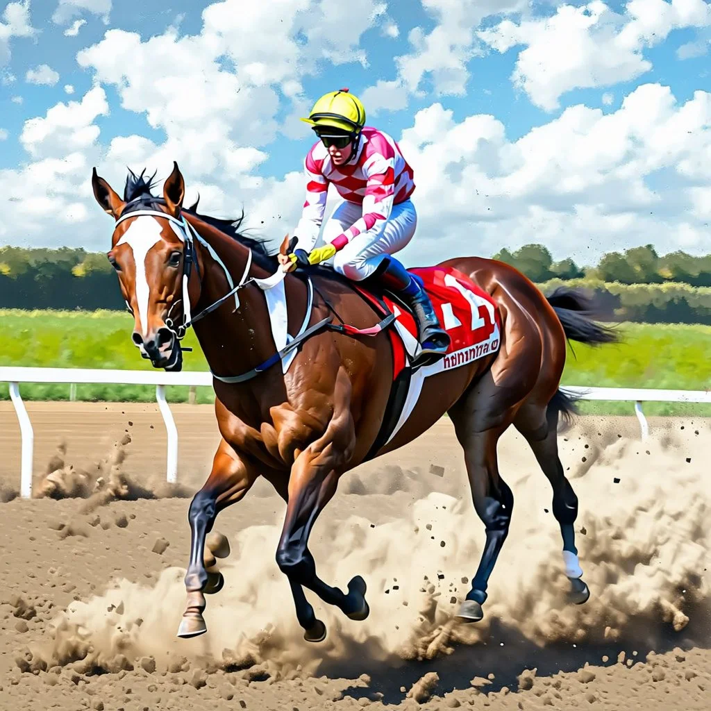 A hyper-realistic image of a racehorse in a race, with close-up photo-realistic hyper details, unique textures, and dynamic movement --ar 4:3 --v 7