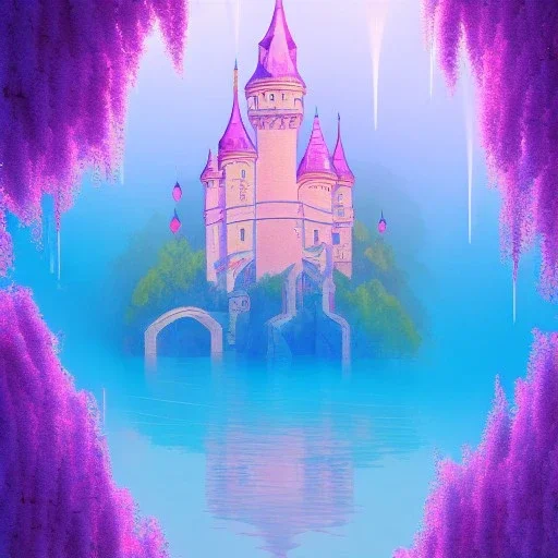 a pink castle, magical crystal pink castel, vertical light, pink and blue wisteria , pink vertical, blue lake,sharp, background vertical blue gradient vertical, elegant, highly detailed, artstation, concept art, smooth, sharp focus, illustration, 8k, splash art, wallpaper, key visual