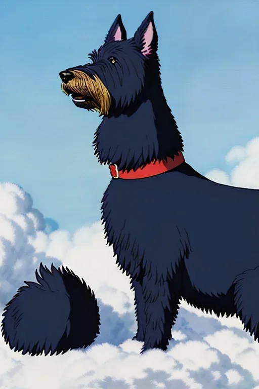 Kerry blue terrier, black dog breed, happy, art style by studio ghibli, highly detailed, sitting on a pillow in the sunlight, 8k, HDR