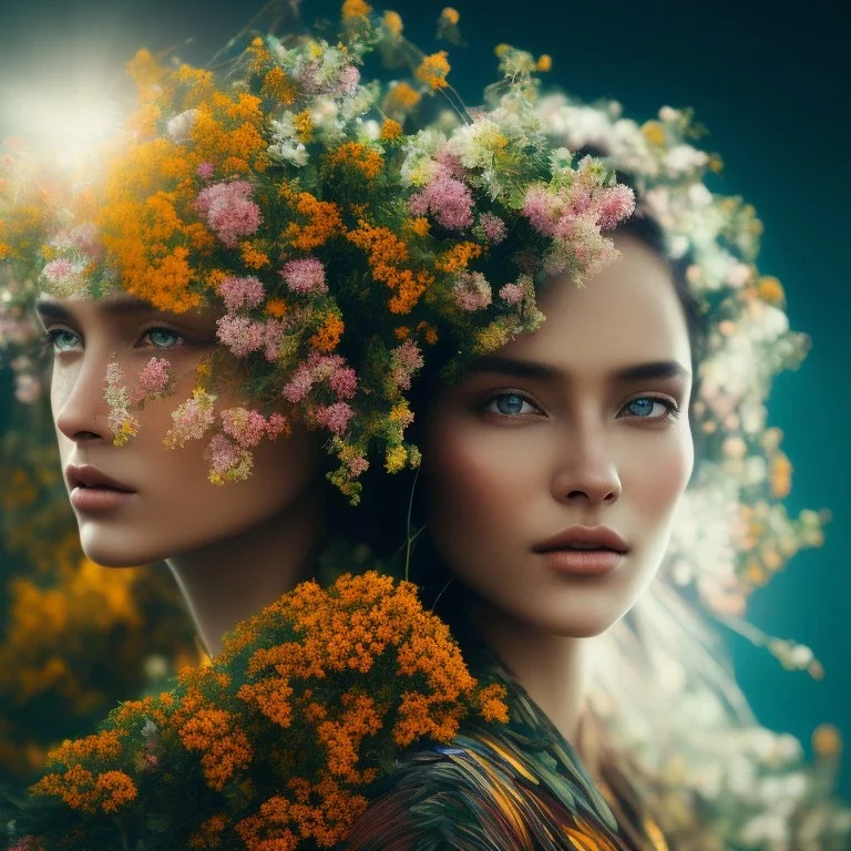 subtle indigenous, beautiful portrait, flowery landscape, light, sun