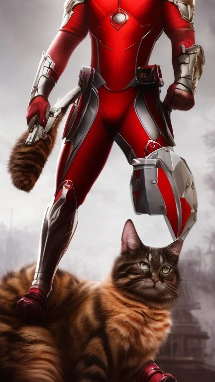 Iconic Cat-Man, red and silver, ultra-detailed armor, cat with eye mask, dynamic shot, richly saturated colors, full height, arms, legs, footwear, cinematic backlighting, hyper-realism, unparalleled detail, 8K, concept art, intricate textures , timeless masterpiece, enhanced AI, GAN, depth of field, neural network,