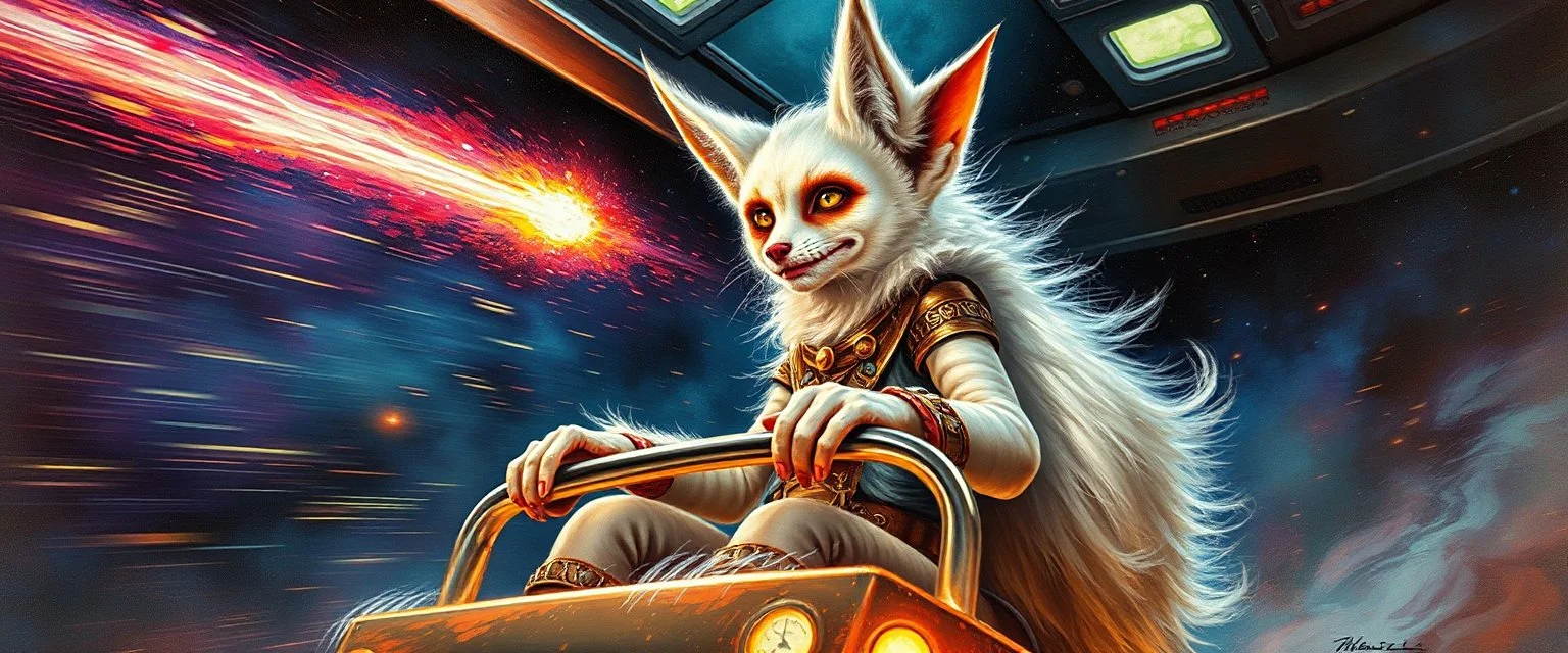 master oil painting by Rembrandt, scary ai sami white fox gremlin woman captain on space bus through space neon comet shower , space water fall, motion blur background, goa trance poster