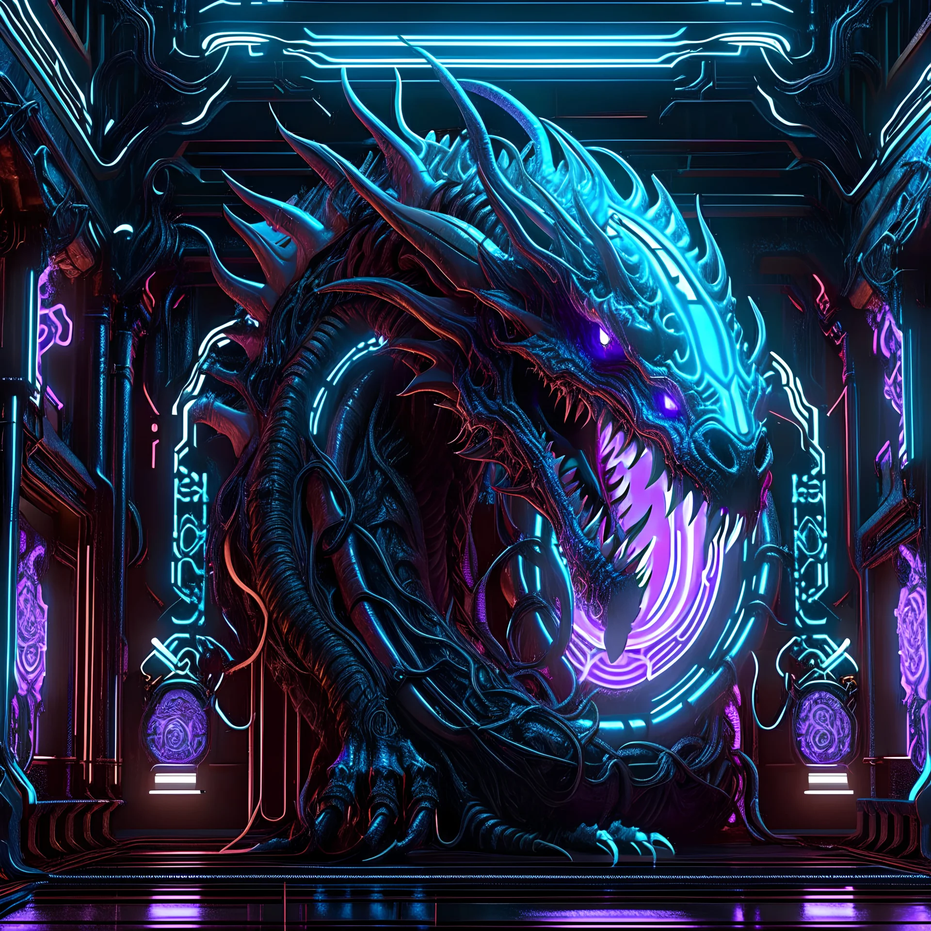 Expressively detailed and intricate 3d rendering of a hyperrealistic “cyberpunk gate”: dragon detailed, neon light, front view, full anatomy, symetric, 4K, cosmic fractals, dystopian, dendritic, stylized fantasy art by Kris Kuksi, artstation: award-winning: professional portrait: atmospheric: commanding: fantastical: clarity: 16k: ultra quality: striking: brilliance: stunning colors: masterfully crafted.