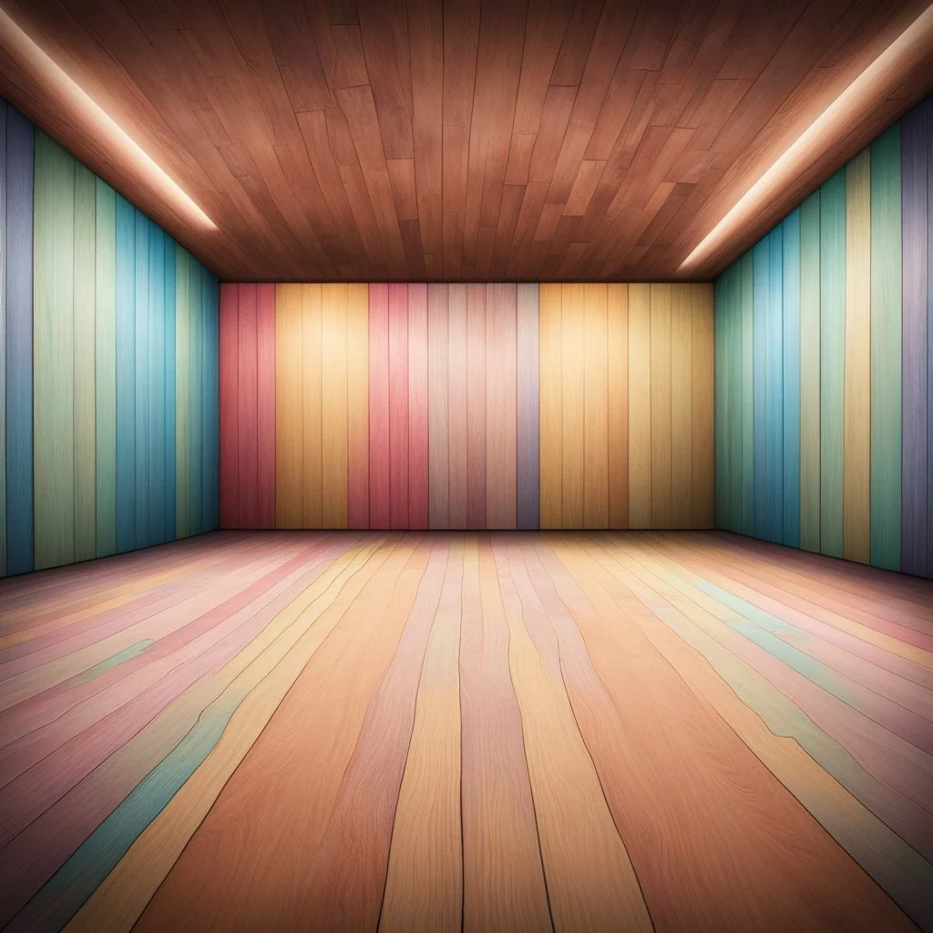 Central Symmetrical View Of A Colorful Wooden Floor & Wooden Wall With Subtle Colored Brush Strokes In An Empty Room With Marquee Light Setup.